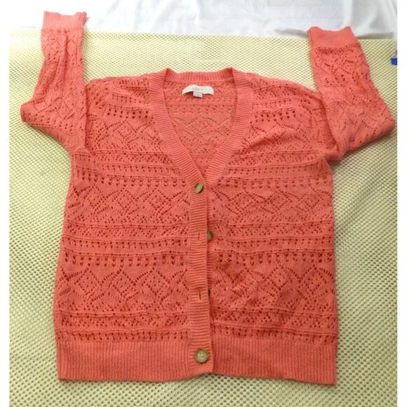 LOFT Coral Open-Work Knit V-neckline Crochet Cardigan Med - Picture 1 of 8